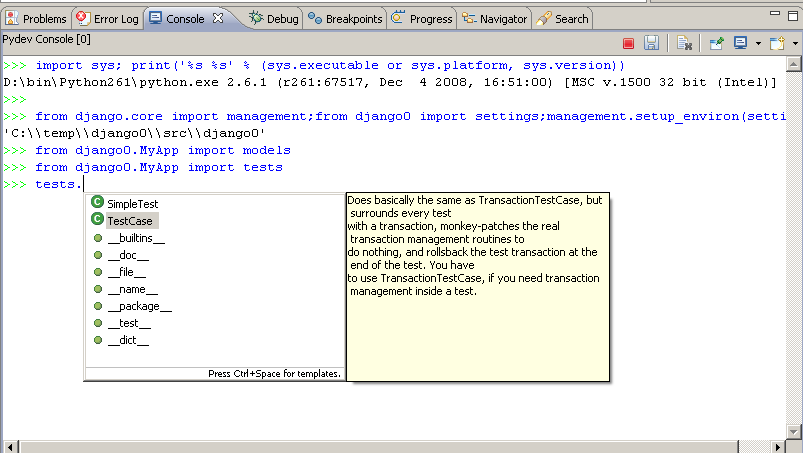 It can be activated through ctrl+2+dj shell (if on a PyDev Editor) or right-clicking the project > Django > Shell with django environment.